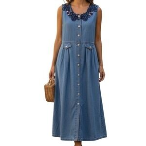 Vtg 80s Denim Maxi Dress Monique Fashions Lace Sleeveless Button Front Jean Sz 8